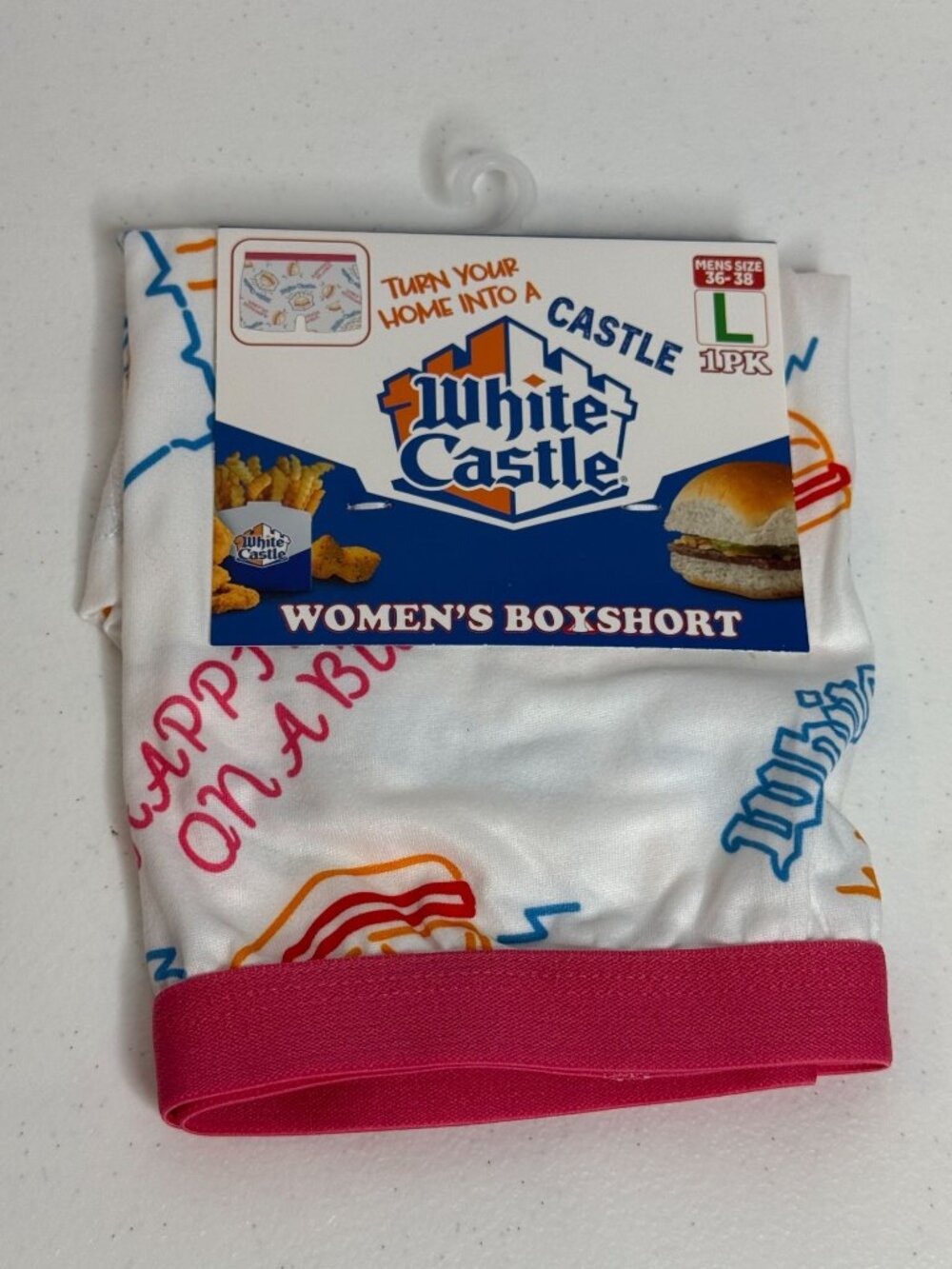 White Castle Womens L Boyshorts Pink Logo Foodcore Retro Novelty